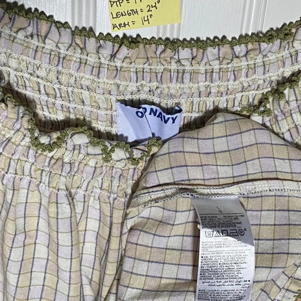 Old Navy Cottagecore Cream Plaid Peasant Top Puff Sleeve Smocked Ruffle - Large